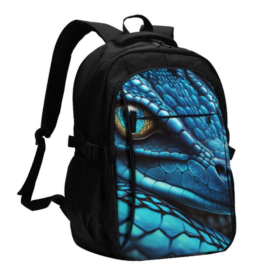 Xecao Blue Viper Snake Closeup Face for Travel Laptop Backpack, USB-Charging-Enabled, Spacious Business Backpack for Men and Women,College School Computer Bag