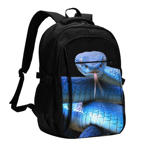 Xecao Blue Viper Snake for Travel Laptop Backpack, USB-Charging-Enabled, Spacious Business Backpack for Men and Women,College School Computer Bag