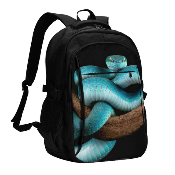 Xecao Blue Viper Snake for Travel Laptop Backpack, USB-Charging-Enabled, Spacious Business Backpack for Men and Women,College School Computer Bag
