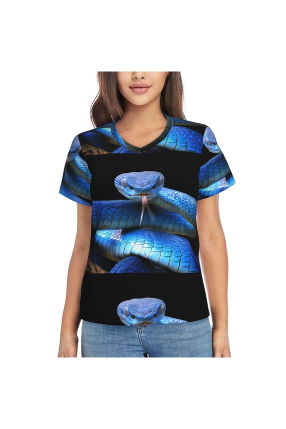 Blue Viper Snake for Women's V-Neck T-Shirts-Elegant Half-Sleeve Tops Perfect for Summer-Small