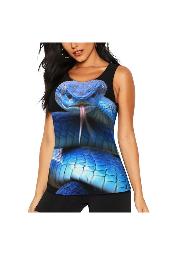 Blue Viper Snake print women's scoop neck, loose-fit workout tank tops for the gym.