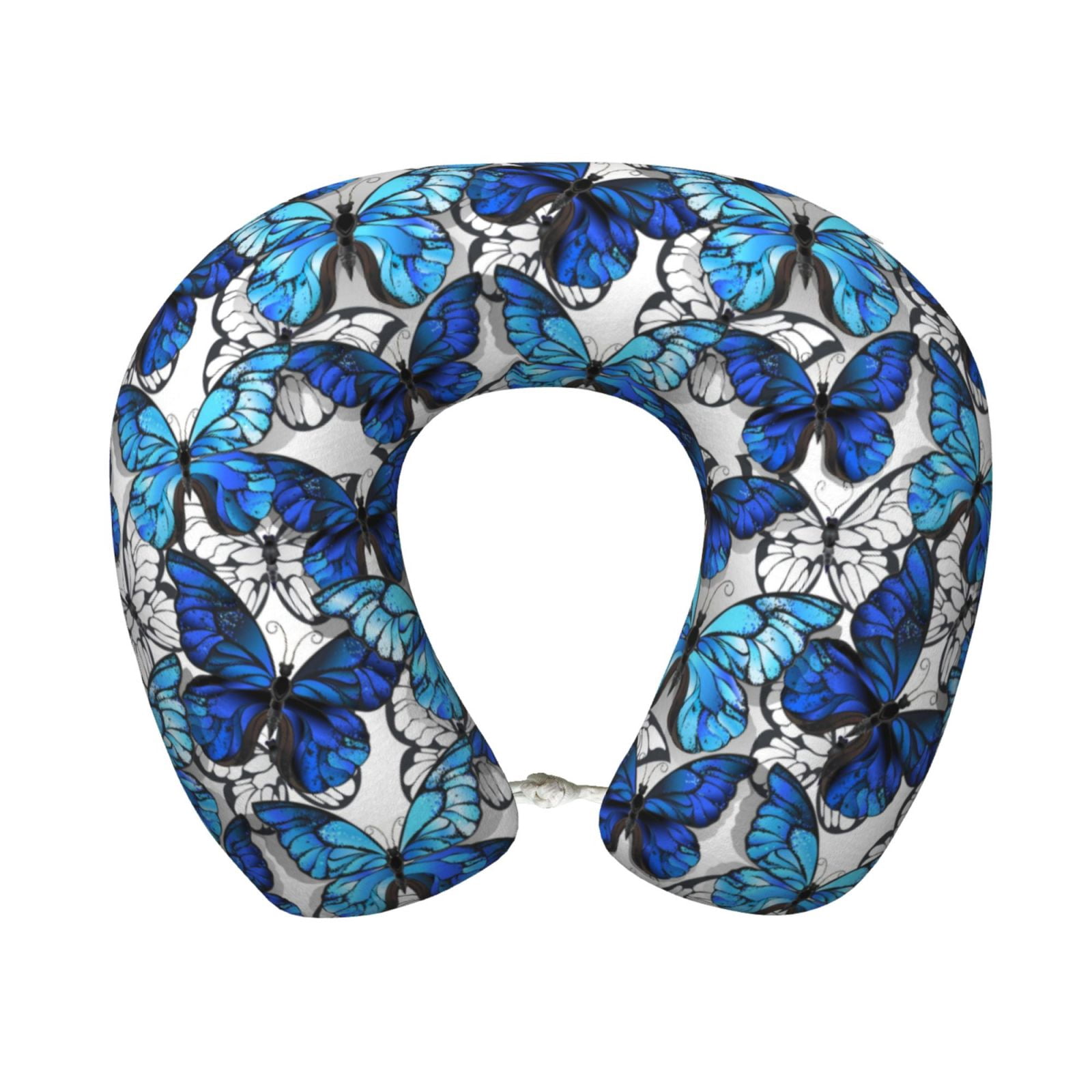 Xecao Blue and White Butterflies Print Memory Foam Cervical Neck Pillow Versatile U-Shaped Pillows for Home,Office,Camping,Travelling,Soft Washable Cover