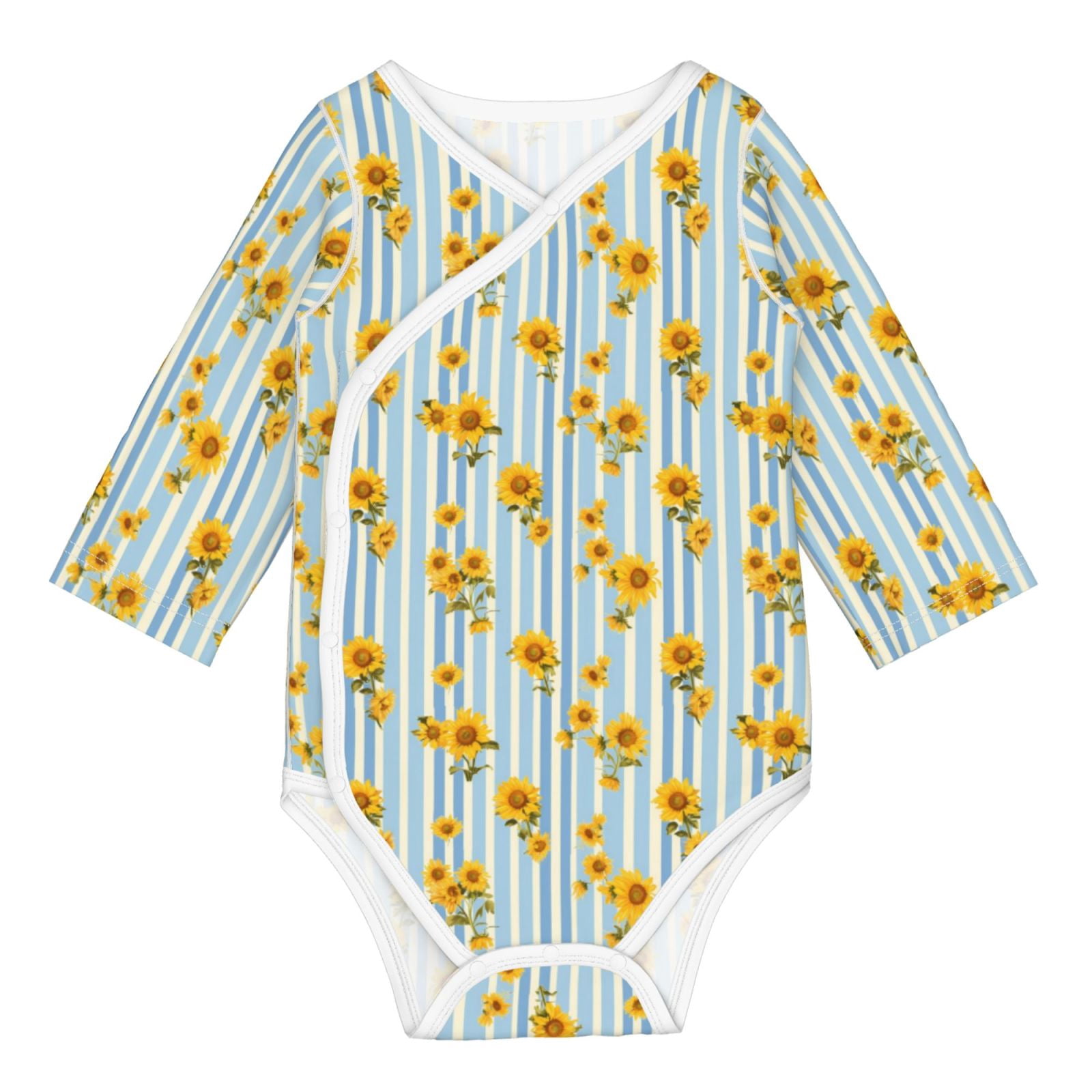 Xecao Blue White Striped Sunflower Print Baby unisex-baby Cotton Long-sleeve Bodysuits-18 Months