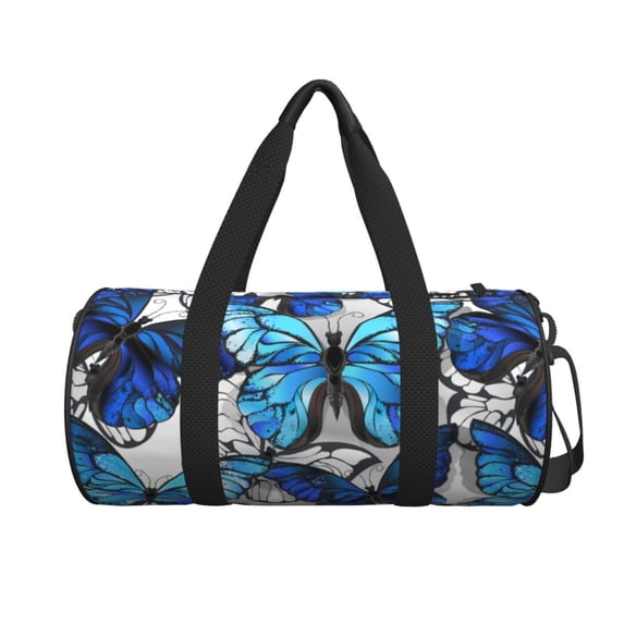 Xecao Blue and White Butterflies print Round Travel Duffel Bag is a foldable gym bag with an inner pocket, perfect for travel sports