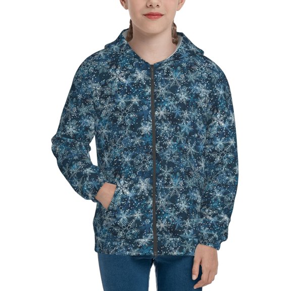 Xecao Blue and White Gradient Snowflake Pattern Zip Up Hoodies for Boys Girls, Sweatshirt with Pockets-Small