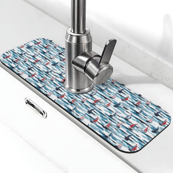 Xecao Boat In Ocean for Kitchen Sink Splash Guard Faucet Mat , Faucet Guard & Draining mat, (15" X 5.5" )