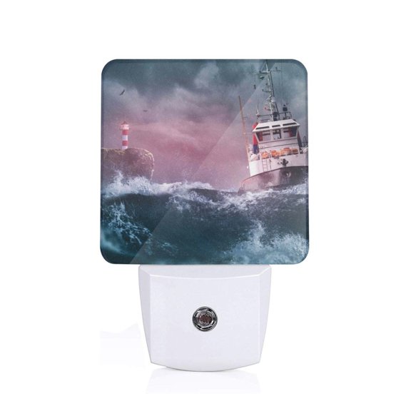 Xecao Boat Lighthouse Storm Waves for Night Light - a Wall-mounted LED Fixture with A Dusk-to-dawn Sensor, Ideal for Bedrooms, Bathrooms, Hallways, and Kitchens-US