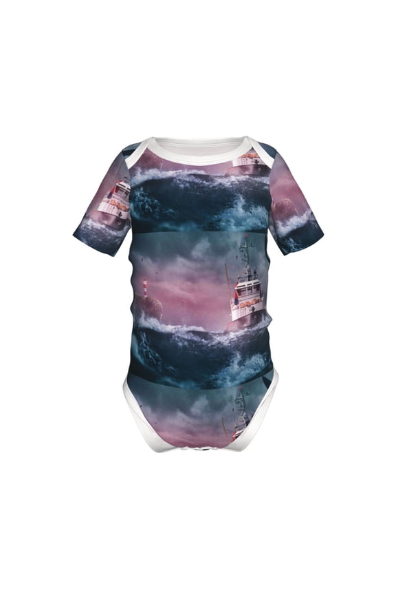 Boat Lighthouse Storm Waves Pattern Baby Climbing Bodysuit Short Sleeve Onesie Unisex 0-12 Months Baby Shirt Newborn Outfits Crotch snap design-