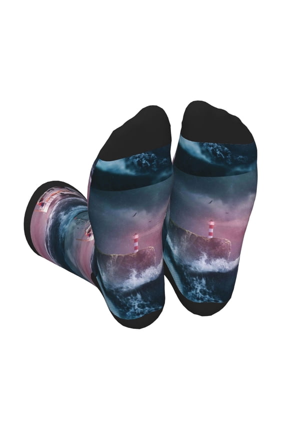 Boat Lighthouse Storm Waves Print Crew Socks for Men and Women, Men's Soft Moisture-wicking Sock