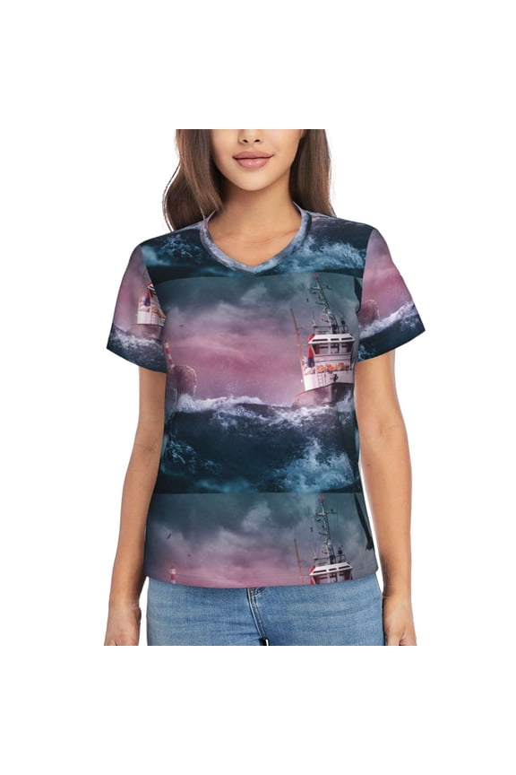 Boat Lighthouse Storm Waves for Women's V-Neck T-Shirts-Elegant Half-Sleeve Tops Perfect for Summer-Medium