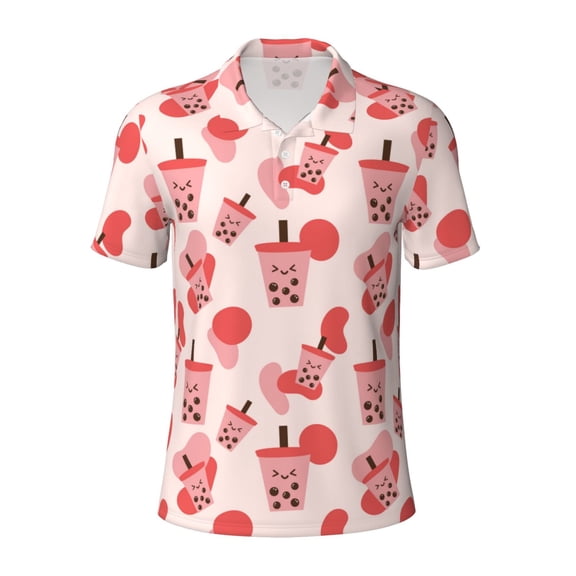 Xecao Boba Milk Tea for Mens' Casual Short Sleeve Button-Down Polo Shirts for a Classic Golf Look