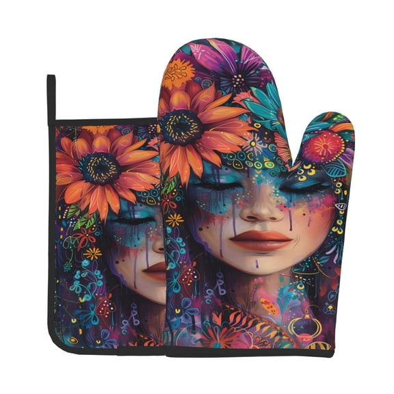 Xecao Bohemian Colorful Flower Woman Pattern Oven Mitts and Pot Holders Sets Heat Resistant Silicone Oven Mittens Extra Thicken Long Kitchen Cotton Oven Glove for Cooking