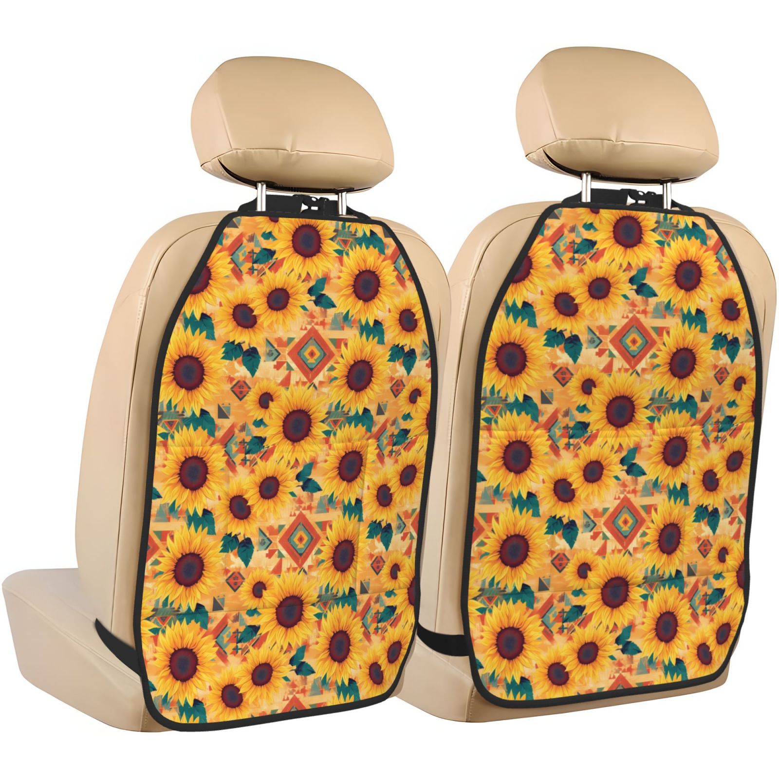 Xecao Bohemian Sunflower Pattern Car Seat Back Protector 2 Pack Large Capacity Pocket, Kick Mats Back Seat Protector
