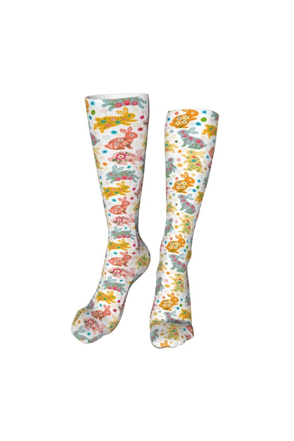 Boho Bunny Print Calf Socks Seamless Toe, Knee High Long Socks, Sports Socks Trouser Socks for Women and Men-One Size