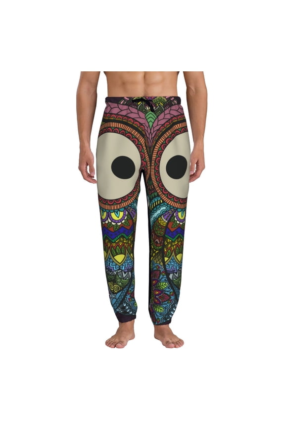 Boho Owl Print Active Tech Joggers for Men, Mens Sweatpants Lounge Pants with Pockets-Small