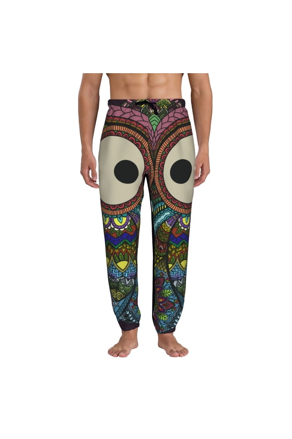 Boho Owl Print Active Tech Joggers for Men, Mens Sweatpants Lounge Pants with Pockets-X-Large