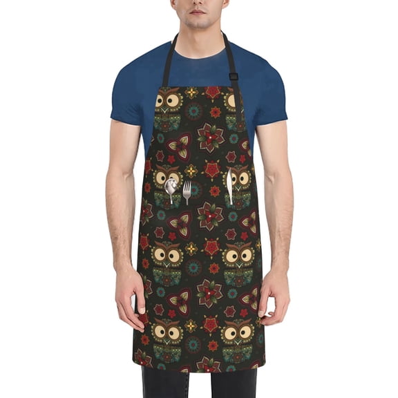 Xecao Boho Owl Print Kitchen Cooking Aprons, Waterproof Adjustable Bib Aprons with 2 Pockets for Women Men Chef