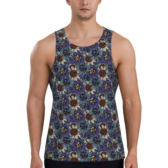 Xecao Boho Style Sunflowers Design Men's Tank Top Workout Quick Dry Sleeveless Gym Jogging Muscle Shirts Summer Swim Beach Tops