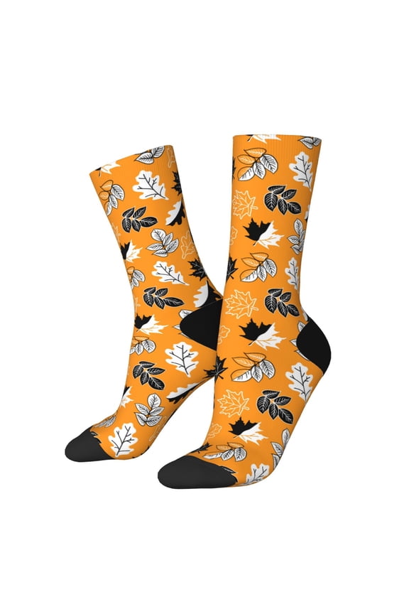 Bold Black and White Leaves Orange Pattern Sport Socks for Women and Men Crew Socks Sporty Calf Socks Casual Socks