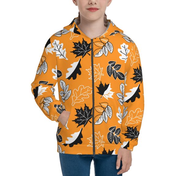 Xecao Bold Black and White Leaves Orange Pattern Zip Up Hoodies for Boys Girls, Sweatshirt with Pockets-Small