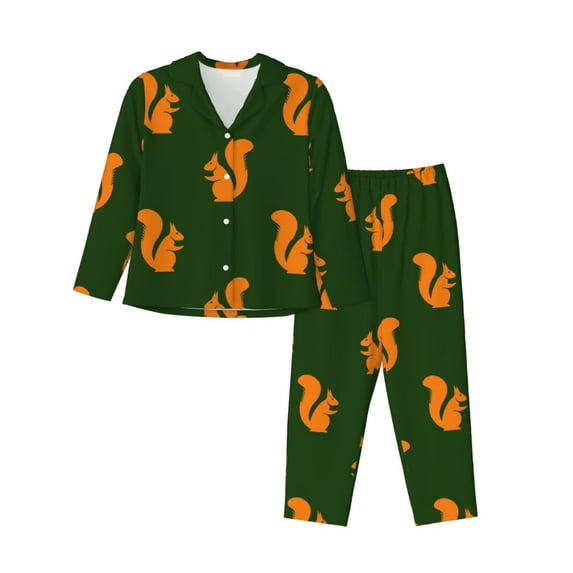 Xecao Bold Squirrel Silhouettes Print Women Pajamas Set Soft Sleepwear Pjs long Sleeve Button Down Nightwear with Long Pants