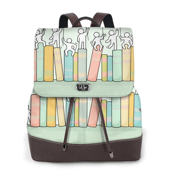 Xecao Books Print Large Backpack Soft Leather for Women Travel with Compartment, Adjustable Convertible Strap