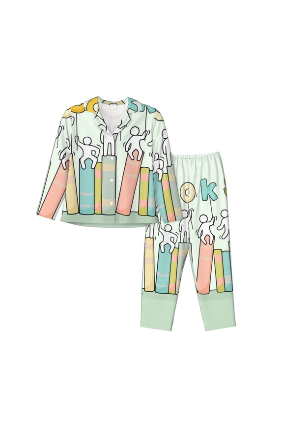 Books Print Women Pajamas Set Soft Sleepwear Pjs long Sleeve Button Down Nightwear with Long Pants