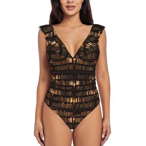 Xecao Bookshelves print Ruffle One-Piece Swimsuit for Women,for the Beach or Pool