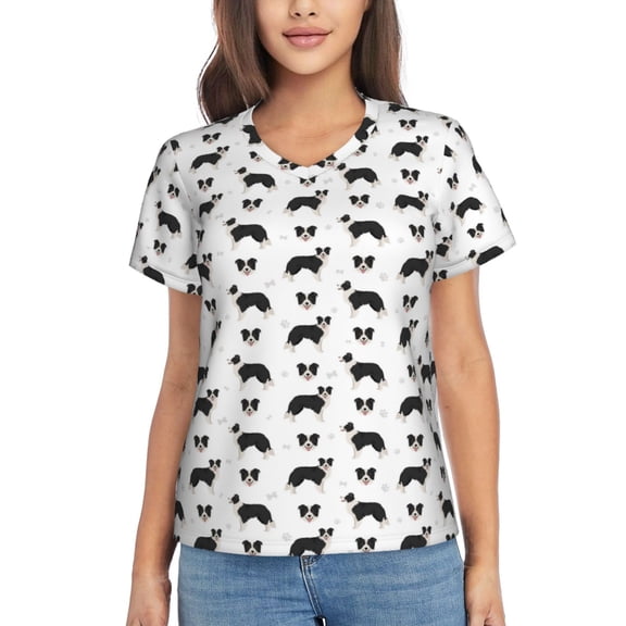 Xecao Border Collie Dog for Women's V-Neck T-Shirts-Elegant Half-Sleeve Tops Perfect for Summer-Small