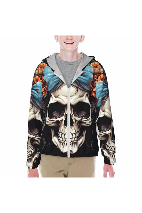 Bow Flower Skull Print Fishing Shirts for teenager Long Sleeve UV Sun Protection Hoodie with Zipper Outdoor Hiking Shirts-Large