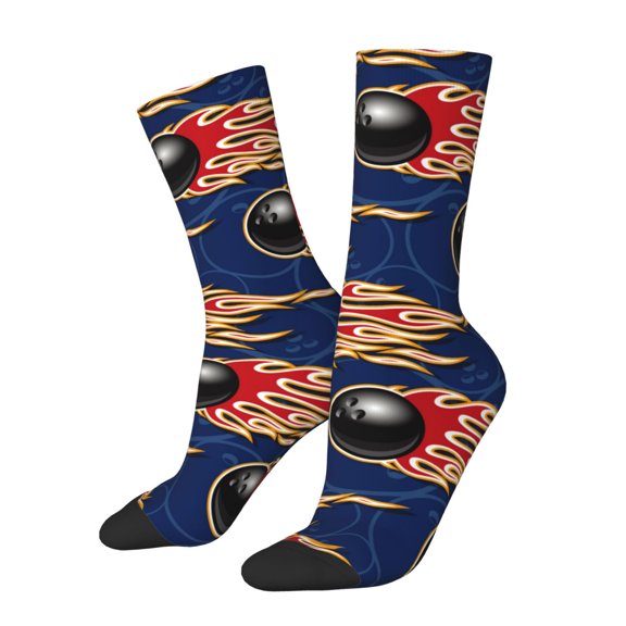 Xecao Bowling Ball And Flame Pattern Sport Socks for Women and Men Crew Socks Sporty Calf Socks Casual Socks