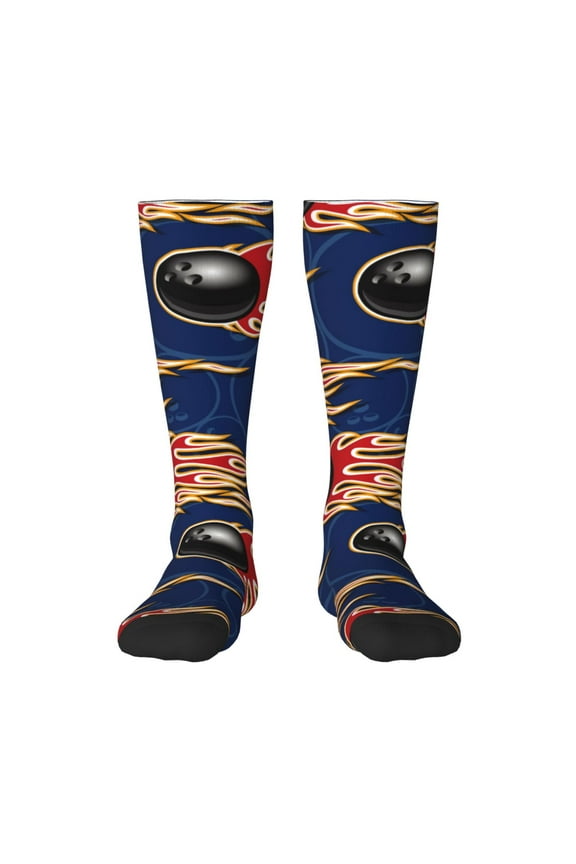 Bowling Ball And Flame print thigh-high socks, crafted for both men and women with a stretchy, high-opaque design perfect for daily wear