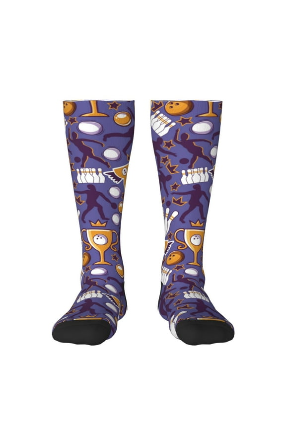 Bowling Game print thigh-high socks, crafted for both men and women with a stretchy, high-opaque design perfect for daily wear