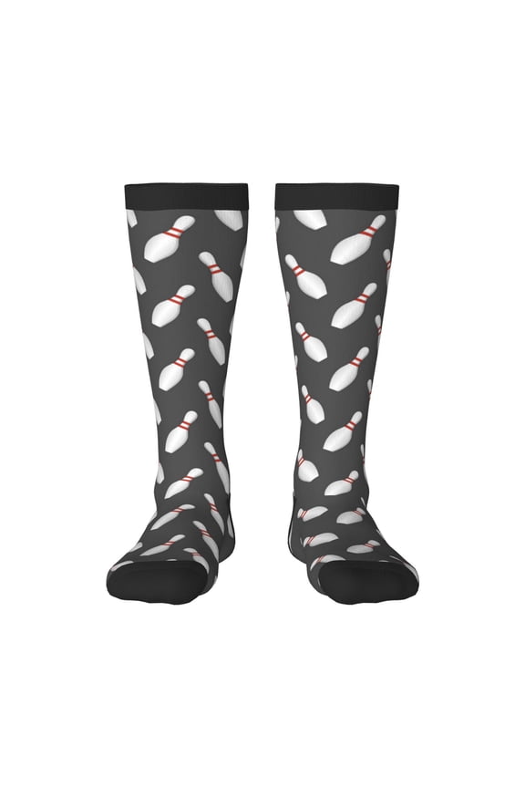 Bowling Pins print thigh-high socks, crafted for both men and women with a stretchy, high-opaque design perfect for daily wear