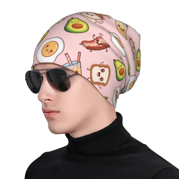 Xecao Breakfast Print Beanie Knitted Hat for Men Women, Winter Fashion Knit Cuffed Caps Unisex