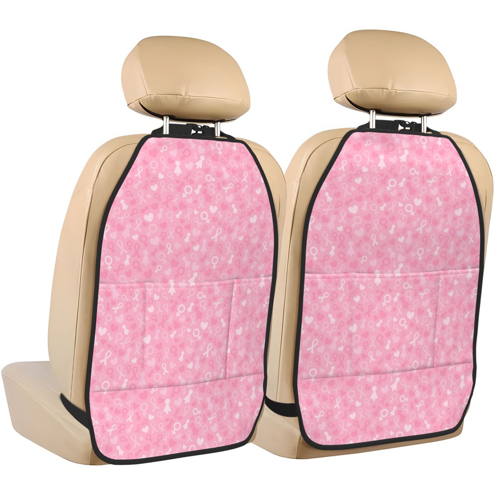 Xecao Breast Cancer Awareness Pattern Car Seat Back Protector 2 Pack Large Capacity Pocket, Kick Mats Back Seat Protector
