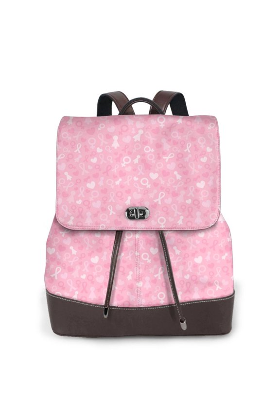 Breast Cancer Awareness Print Large Backpack Soft Leather for Women Travel with Compartment, Adjustable Convertible Strap