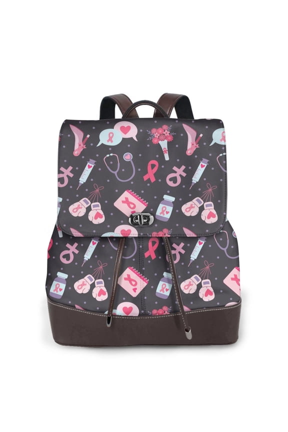Breast Cancer Awareness1 Print Large Backpack Soft Leather for Women Travel with Compartment, Adjustable Convertible Strap