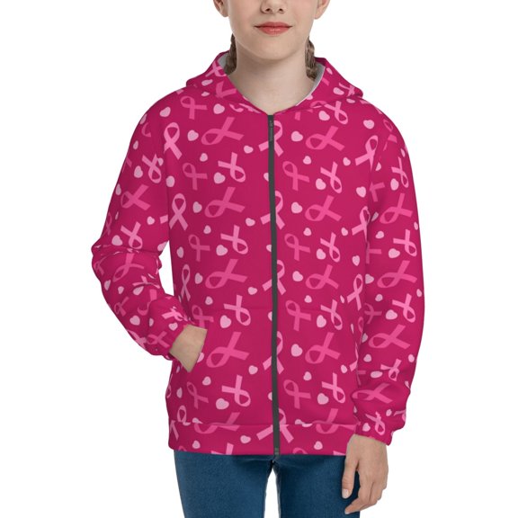 Xecao Breast Cancer Awareness6 Pattern Zip Up Hoodies for Boys Girls, Sweatshirt with Pockets-Medium