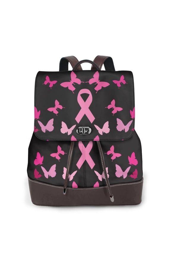 Breast Cancer Print Large Backpack Soft Leather for Women Travel with Compartment, Adjustable Convertible Strap