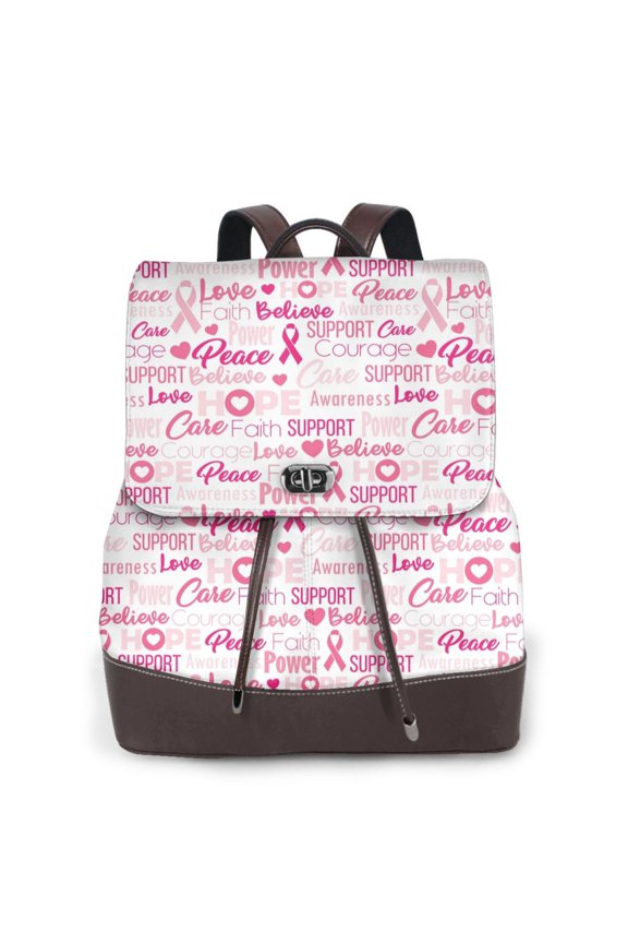 Breast Cancer Ribbons Awareness Print Large Backpack Soft Leather for Women Travel with Compartment, Adjustable Convertible Strap