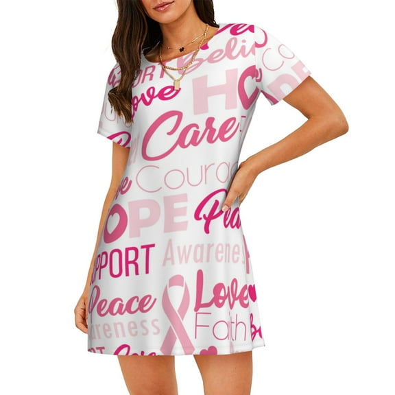 Xecao Breast Cancer Ribbons Awareness for Women's Loose Nightgown Sleepwear Short Sleeves Shirt Casual Print Sleepdress
