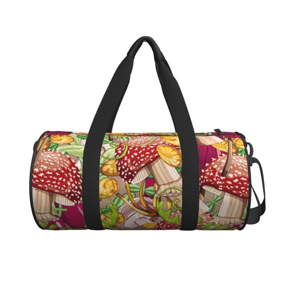 Xecao Bright Mushrooms print Round Travel Duffel Bag is a foldable gym bag with an inner pocket, perfect for travel sports