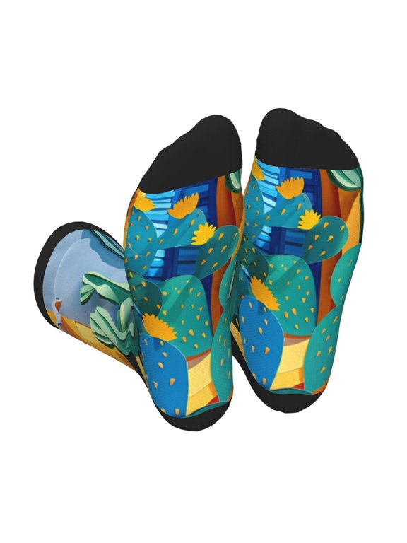 Bright Paper Cactus Scene Print Crew Socks for Men and Women, Men's Soft Moisture-wicking Sock