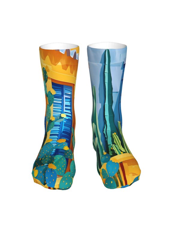 Bright Paper Cactus Scene Print Fashion No Heel Casual Crew Socks Cushioned Breathable for Men Women - Moisture wicking,Not easy to fade Suitable for daily