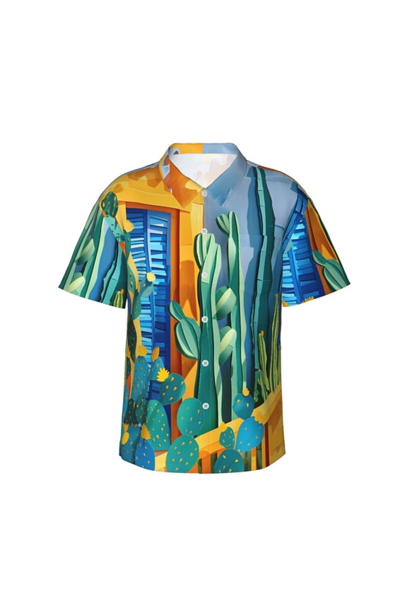 Bright Paper Cactus Scene Print Hawaiian shirt - A Stylish Short-Sleeve Button-Down for Men, Perfect for Casual Beach and Tropical Outings.,3X-Large