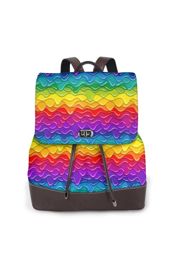 Bright Rainbow Print Large Backpack Soft Leather for Women Travel with Compartment, Adjustable Convertible Strap