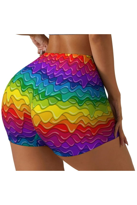 Bright Rainbow Print Workout Shorts for Women Soft Smooth Gym Yoga Scrunch Active Tennis Workout Running Shorts-Medium