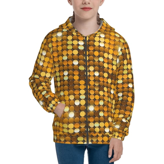 Xecao Bright Shiny Golden Pattern Zip Up Hoodies for Boys Girls, Sweatshirt with Pockets-Small