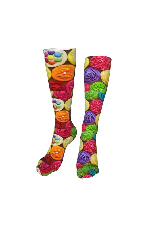 Brightly Colored Cupcakes Print Calf Socks Seamless Toe, Knee High Long Socks, Sports Socks Trouser Socks for Women and Men-One Size